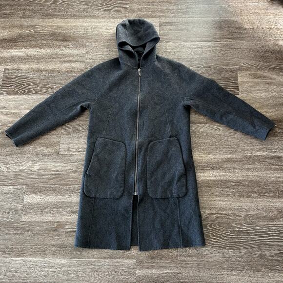 EUC Theory Double-Faced Wool Cashmere Hooded Duffle Coat Gray Longline Jacket L - Picture 14 of 16